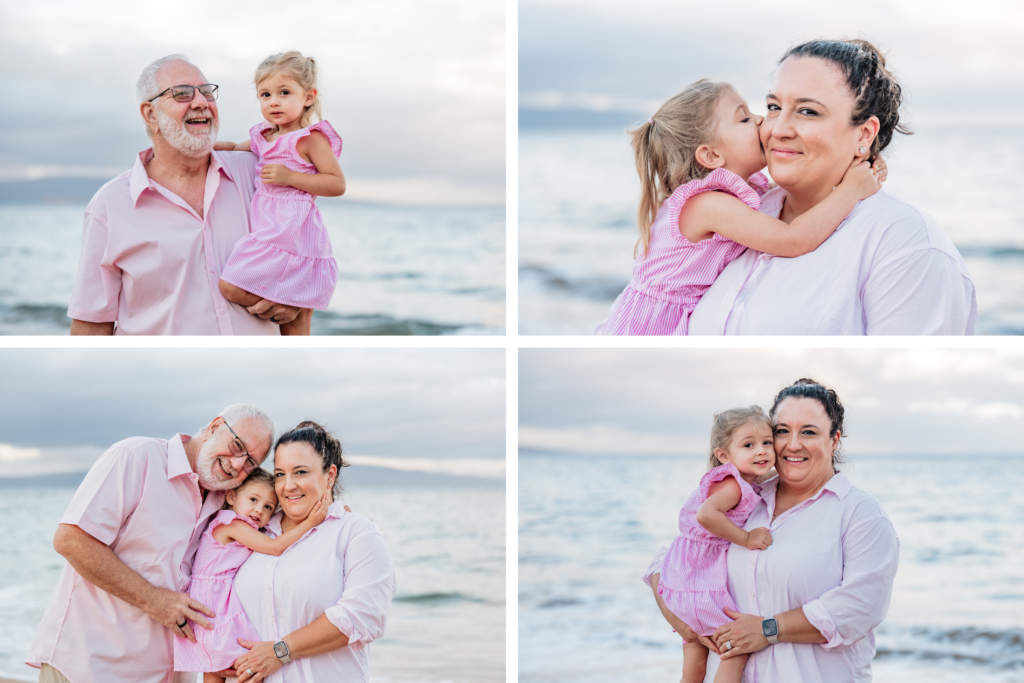 Father holds his daughter, sharing a special moment on the beach.